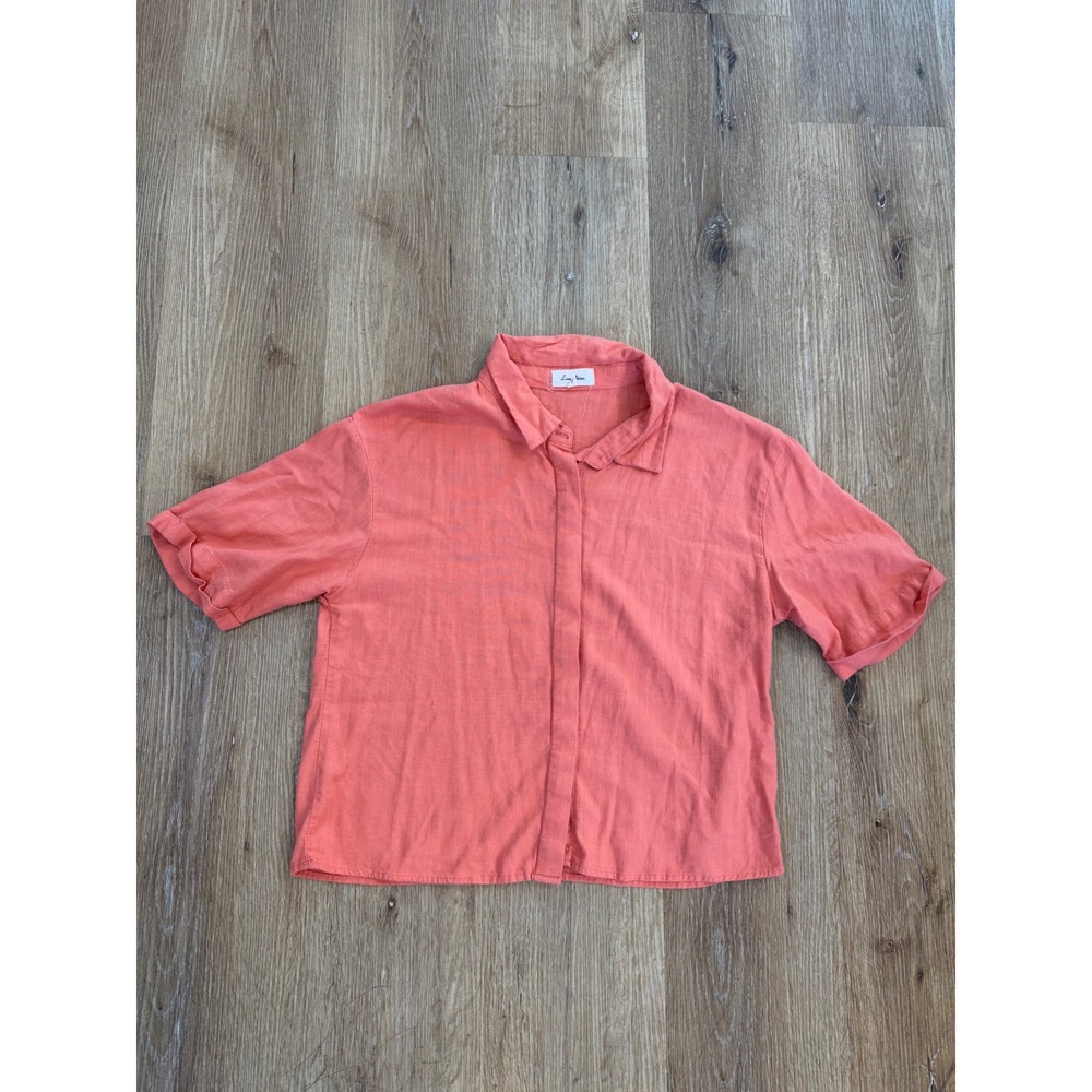 Love Notes Button Down Shirt Womens Large Coral Pink Linen‎ Blend Short Sleeve